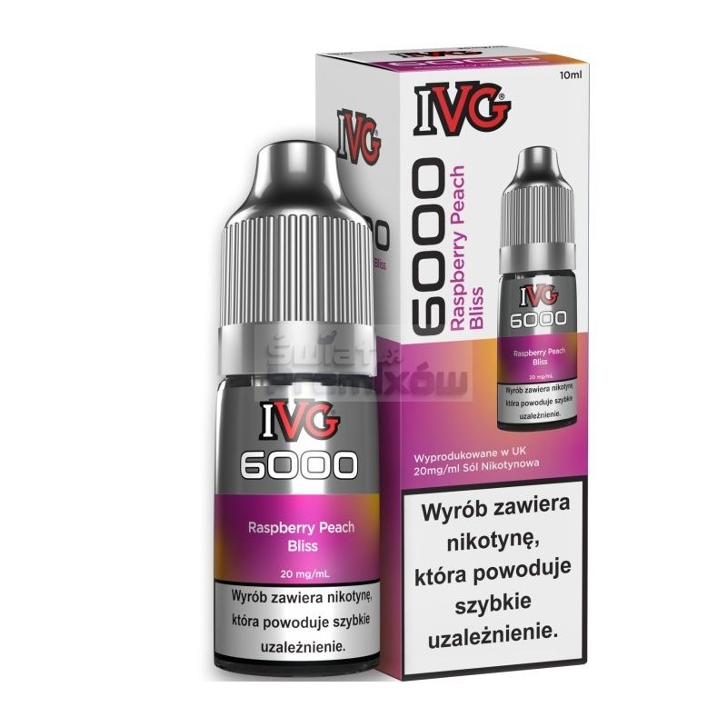 Liquid IVG 6000 10ml o mocy 20 mg soli nikotynowej w smaku Raspberry Peach Bliss - 22,90 zł - Polski (Polish) Liquid IVG 6000 10ml o mocy 20 mg soli nikotynowej w smaku Raspberry Peach Bliss - 22,90 zł - Polski (Polish)