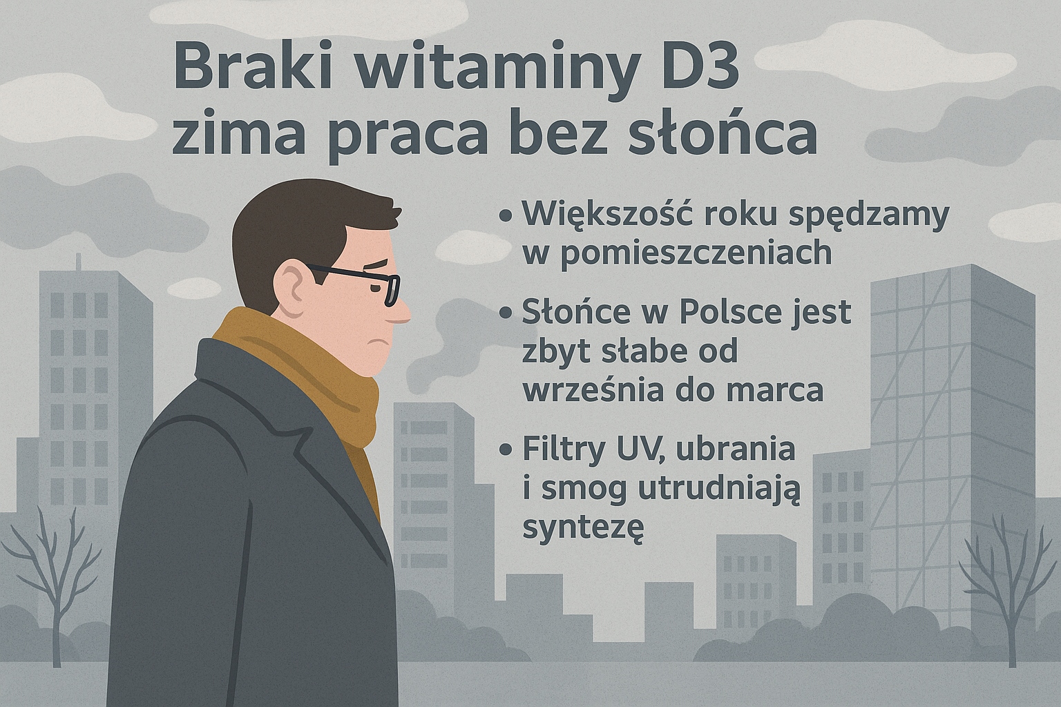 Brak słońca, smog i zamknięte przestrzenie to główne przyczyny niedoboru witaminy D3 w naszej szerokości geograficznej – szczególnie jesienią i zimą.